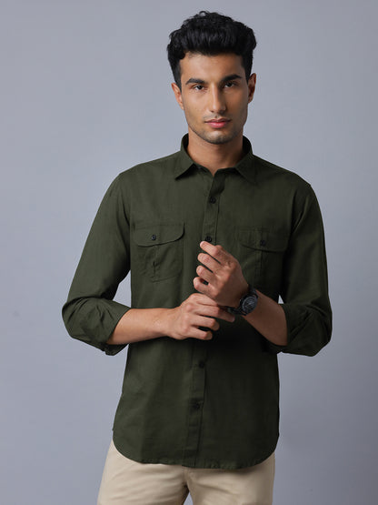 Men Linen Cotton 2 Pocket Flap Dark Green Solid Color Slim Fit Casual Shirt