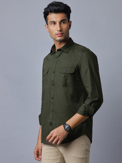 Men Linen Cotton 2 Pocket Flap Dark Green Solid Color Slim Fit Casual Shirt