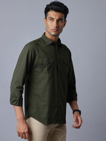 Men Linen Cotton 2 Pocket Flap Dark Green Solid Color Slim Fit Casual Shirt