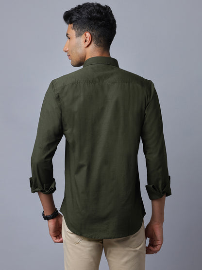 Men Linen Cotton 2 Pocket Flap Dark Green Solid Color Slim Fit Casual Shirt