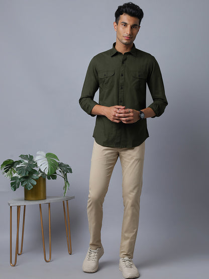 Men Linen Cotton 2 Pocket Flap Dark Green Solid Color Slim Fit Casual Shirt