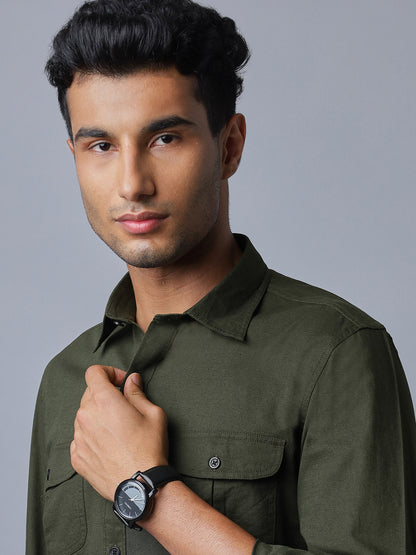 Men Linen Cotton 2 Pocket Flap Dark Green Solid Color Slim Fit Casual Shirt