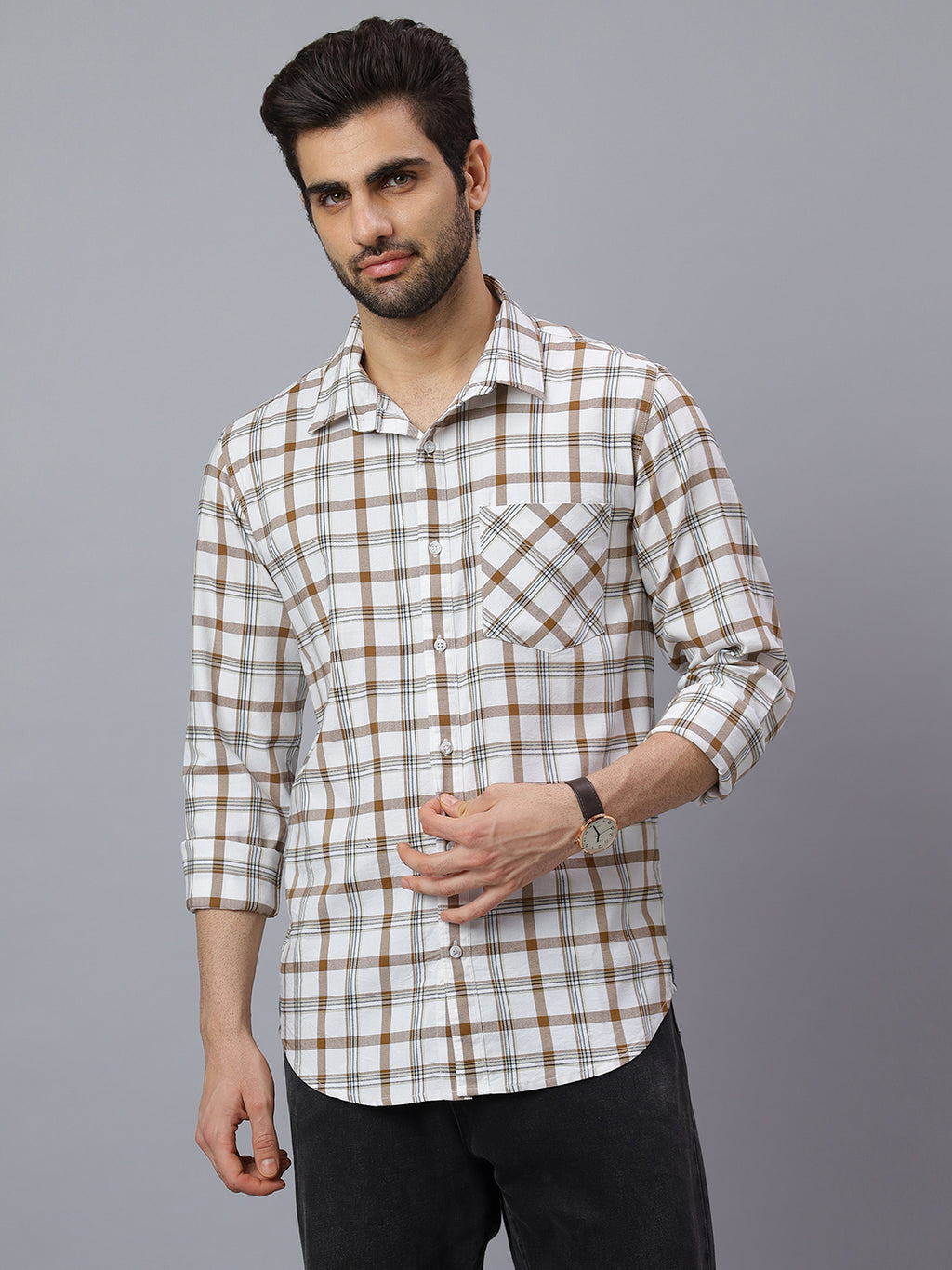 Men White Cotton Lycra Checkered Long Sleeve Slim Fit Casual Shirt