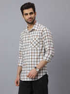Men White Cotton Lycra Checkered Long Sleeve Slim Fit Casual Shirt