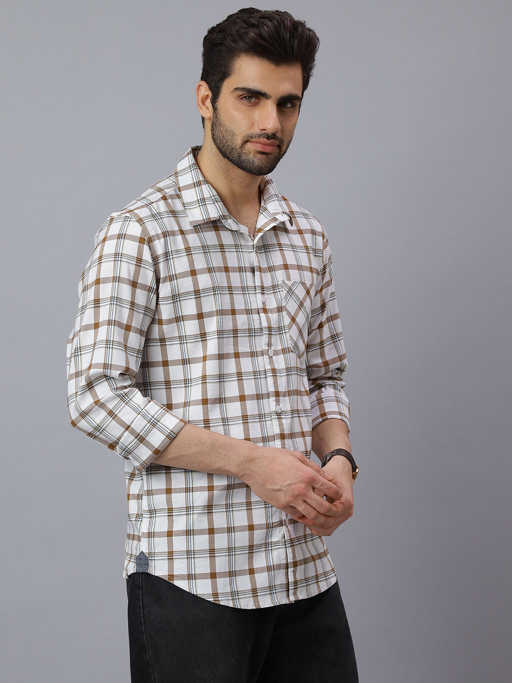 Men White Cotton Lycra Checkered Long Sleeve Slim Fit Casual Shirt