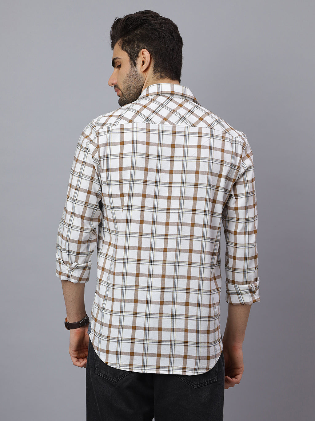 Men White Cotton Lycra Checkered Long Sleeve Slim Fit Casual Shirt