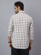 Men White Cotton Lycra Checkered Long Sleeve Slim Fit Casual Shirt