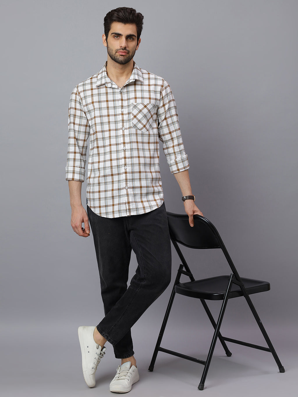 Men White Cotton Lycra Checkered Long Sleeve Slim Fit Casual Shirt