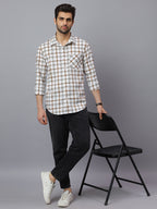 Men White Cotton Lycra Checkered Long Sleeve Slim Fit Casual Shirt