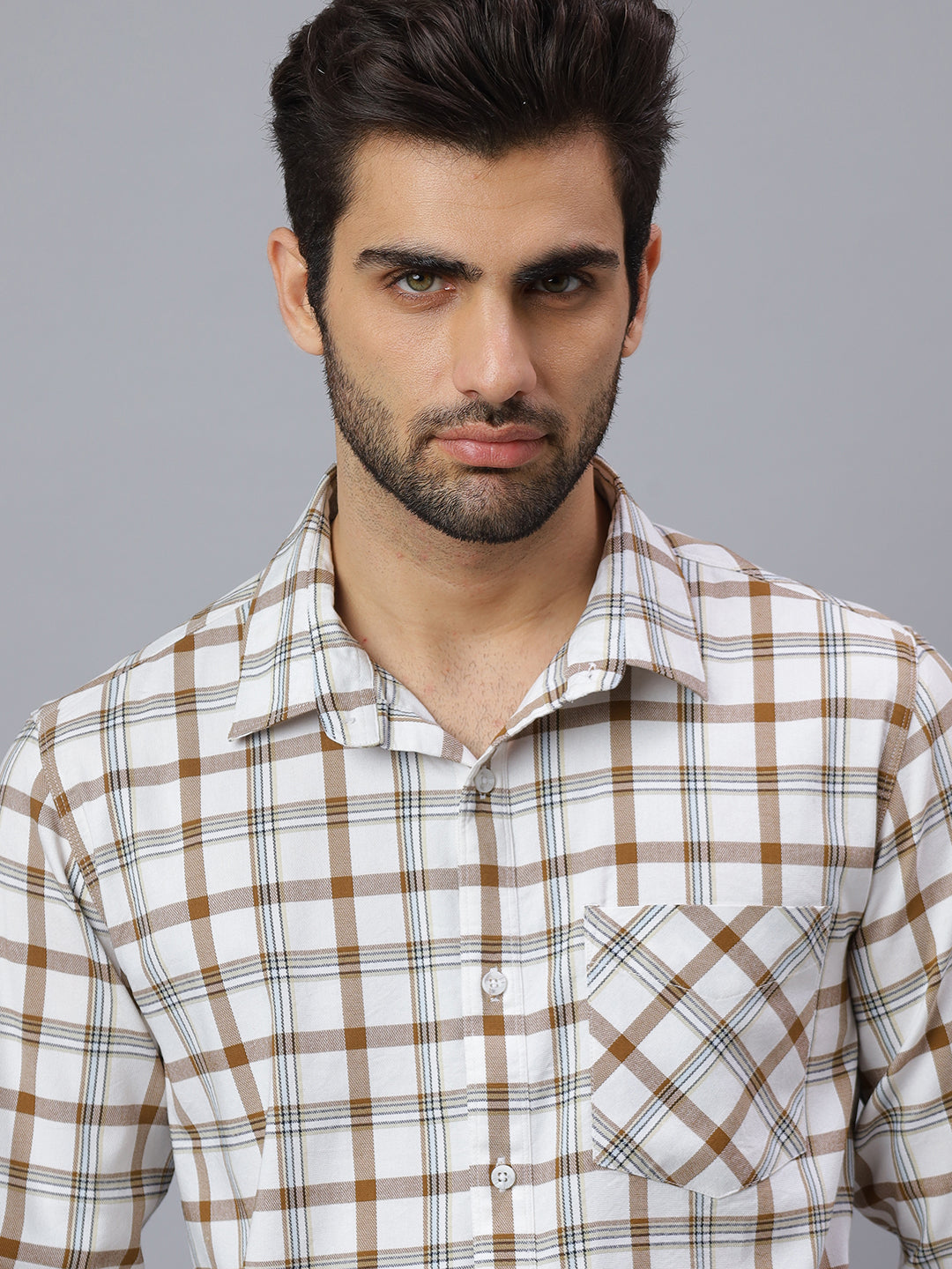 Men White Cotton Lycra Checkered Long Sleeve Slim Fit Casual Shirt