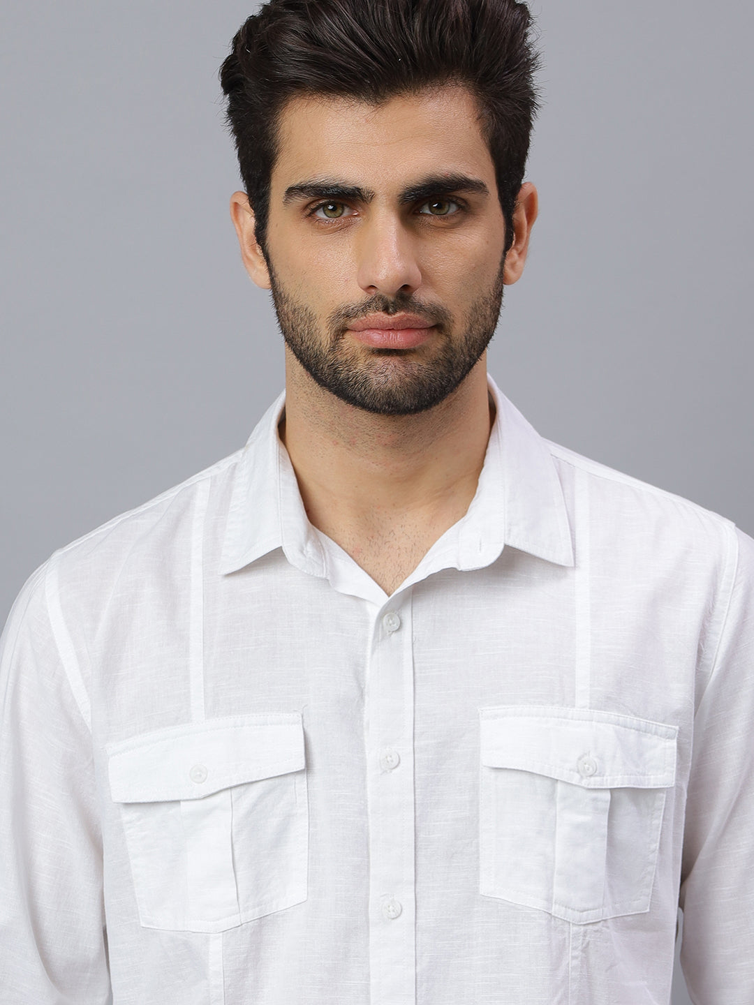 Men Linen Cotton 2 Pocket Flap White Solid Color Slim Fit Casual Shirt