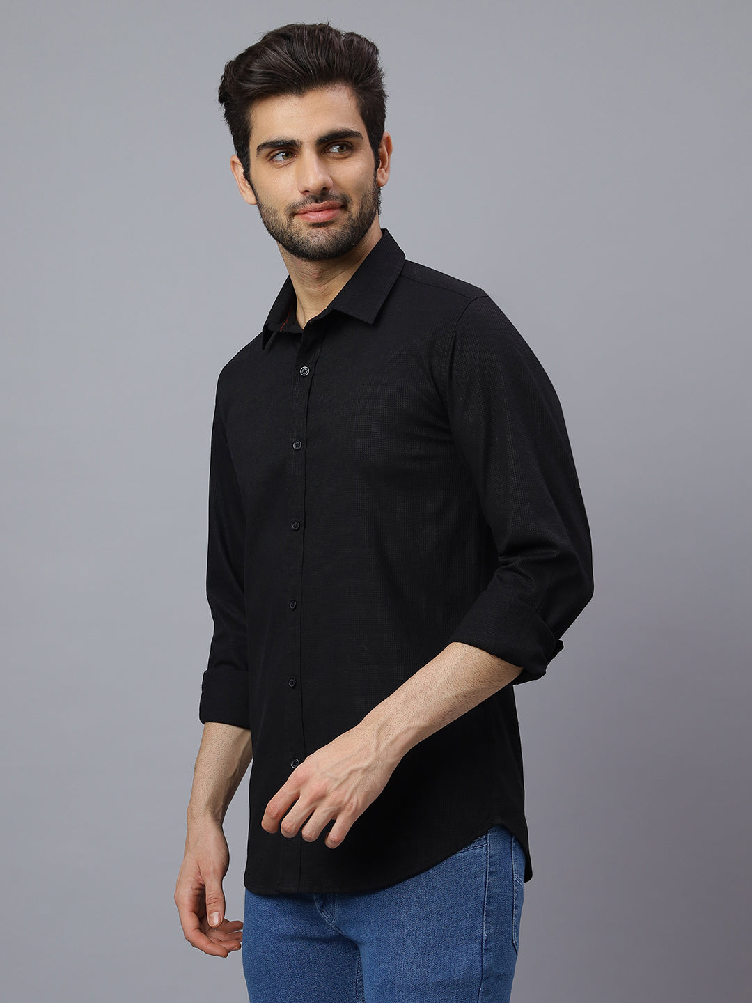 Men Black Structured Self Checkered Design Solid Color Slim Fit Casual Shirt