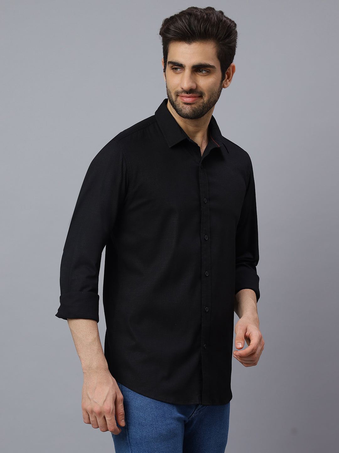 Men Black Structured Self Checkered Design Solid Color Slim Fit Casual Shirt
