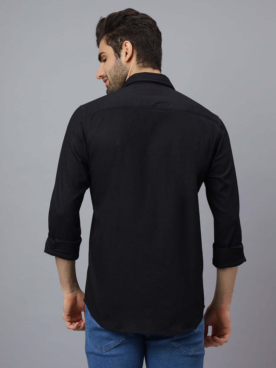 Men Black Structured Self Checkered Design Solid Color Slim Fit Casual Shirt