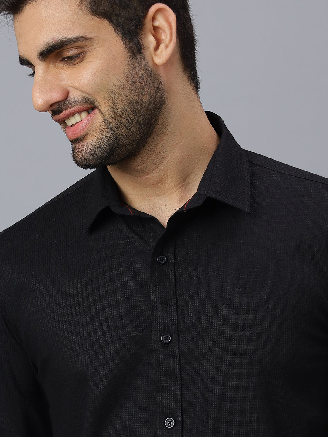 Men Black Structured Self Checkered Design Solid Color Slim Fit Casual Shirt