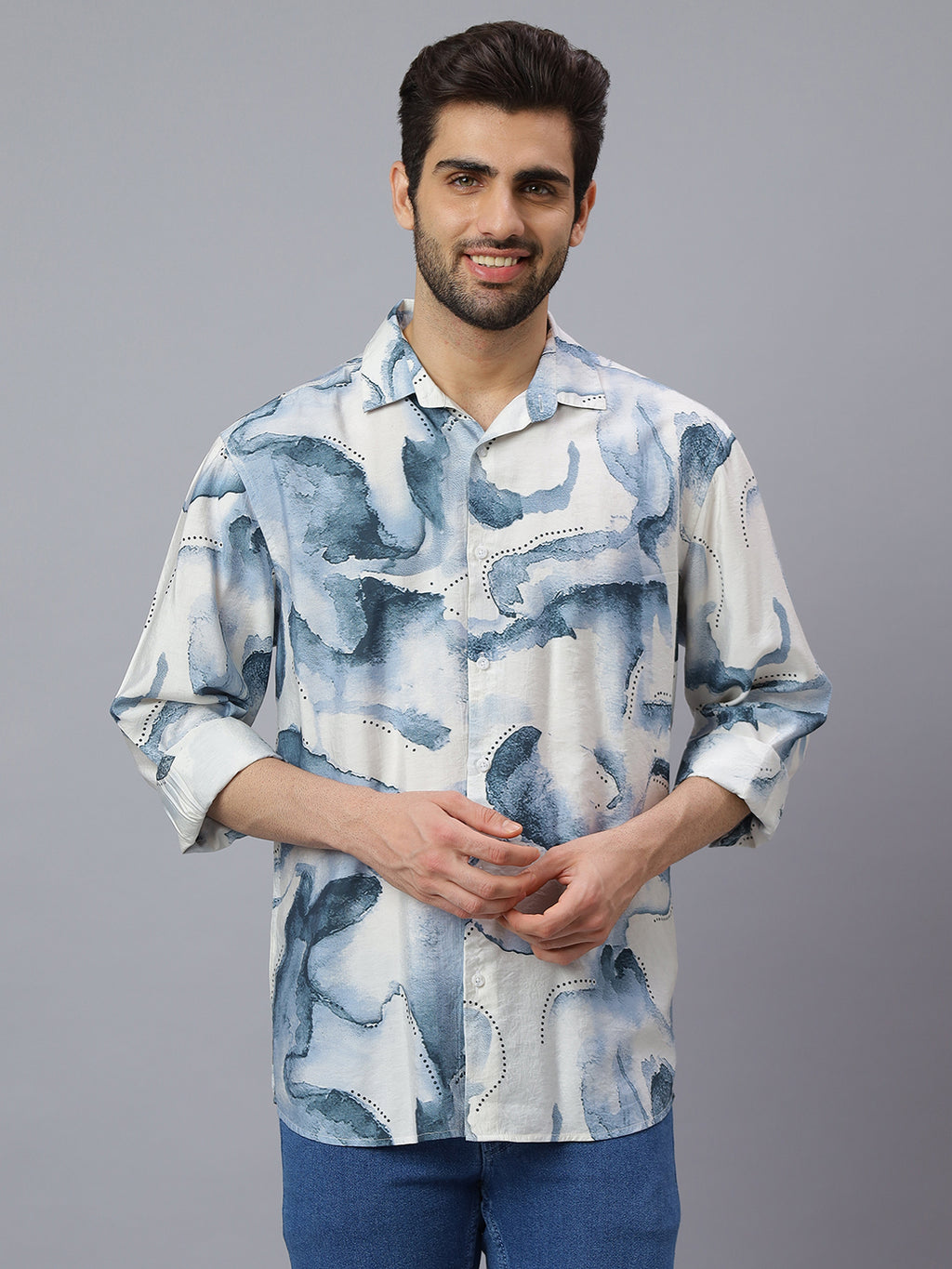 Men White Blue Printed Polymide Cotton Long Sleeve Slim Fit Beach Wear Shirt