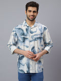 Men White Blue Printed Polymide Cotton Long Sleeve Slim Fit Beach Wear Shirt