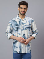 Men White Blue Printed Polymide Cotton Long Sleeve Slim Fit Beach Wear Shirt