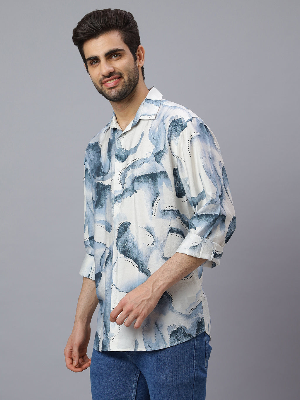 Men White Blue Printed Polymide Cotton Long Sleeve Slim Fit Beach Wear Shirt
