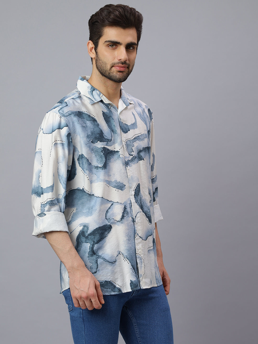 Men White Blue Printed Polymide Cotton Long Sleeve Slim Fit Beach Wear Shirt
