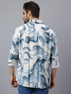 Men White Blue Printed Polymide Cotton Long Sleeve Slim Fit Beach Wear Shirt