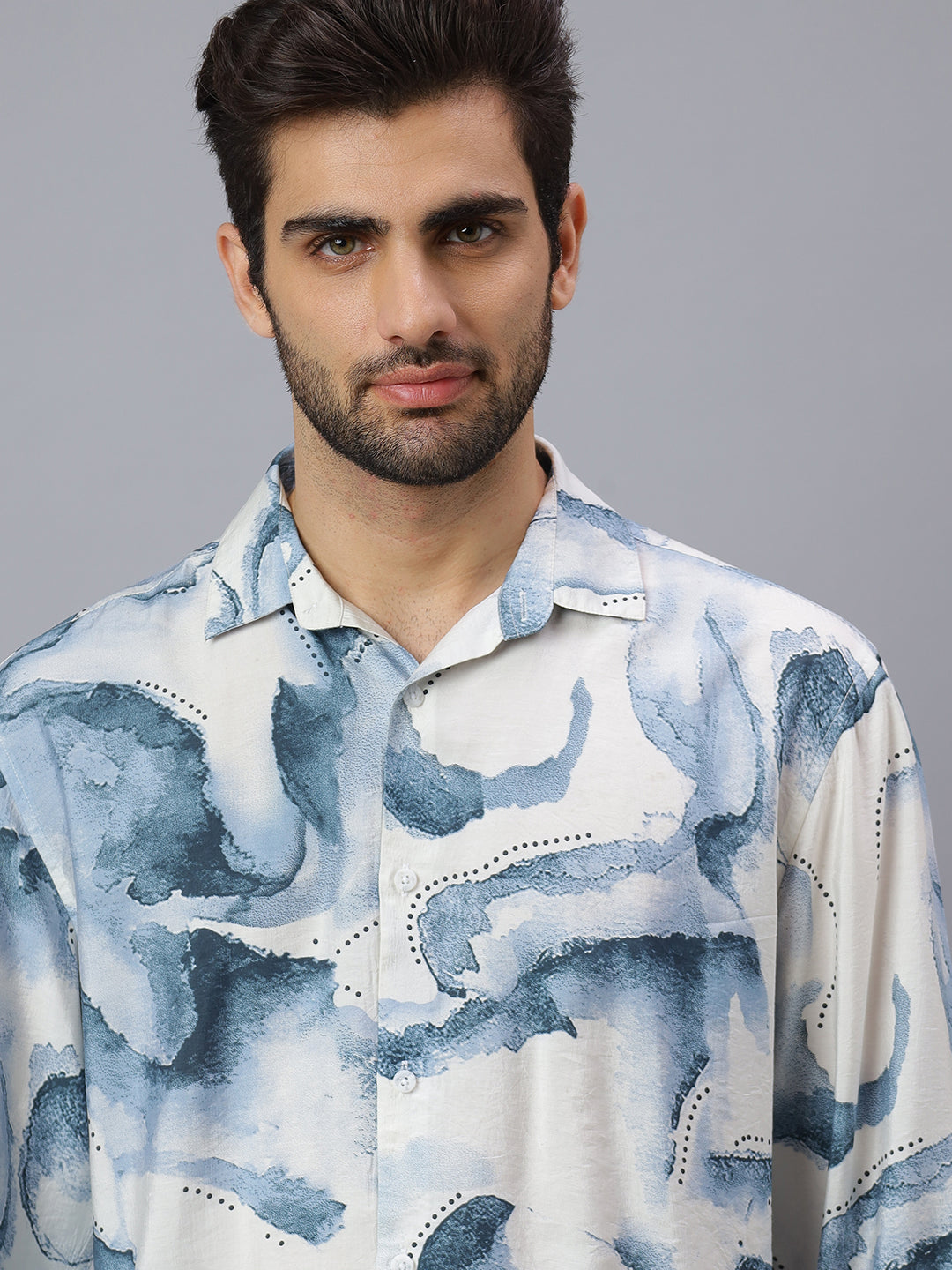 Men White Blue Printed Polymide Cotton Long Sleeve Slim Fit Beach Wear Shirt