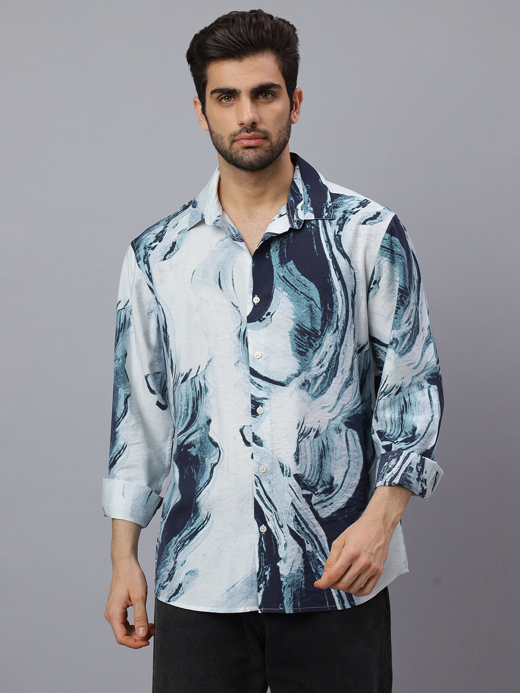 Men Blue White Printed Viscose Polymide Long Sleeve Slim Fit Beach Wear Shirt
