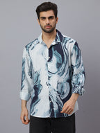 Men Blue White Printed Viscose Polymide Long Sleeve Slim Fit Beach Wear Shirt