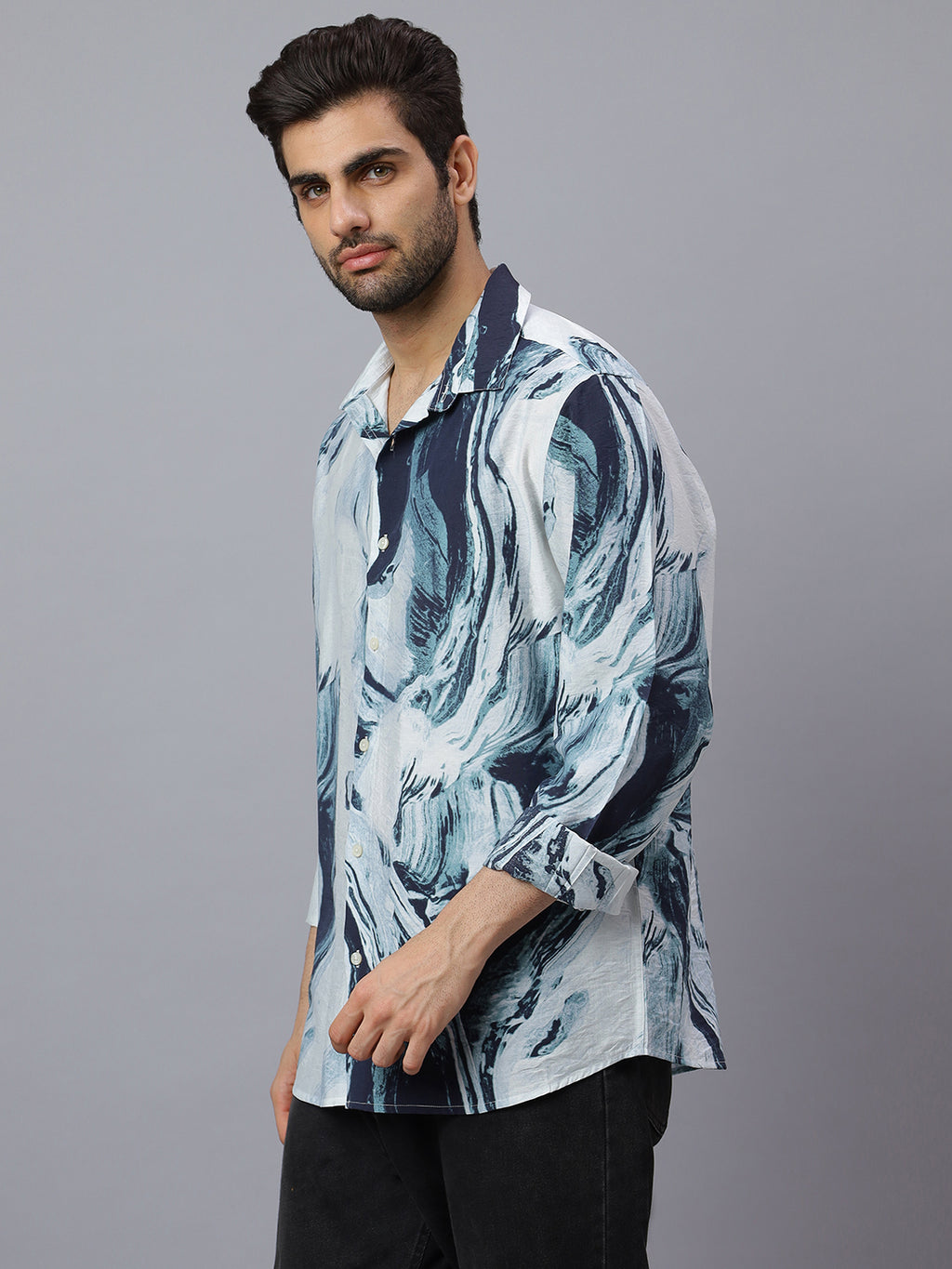 Men Blue White Printed Viscose Polymide Long Sleeve Slim Fit Beach Wear Shirt