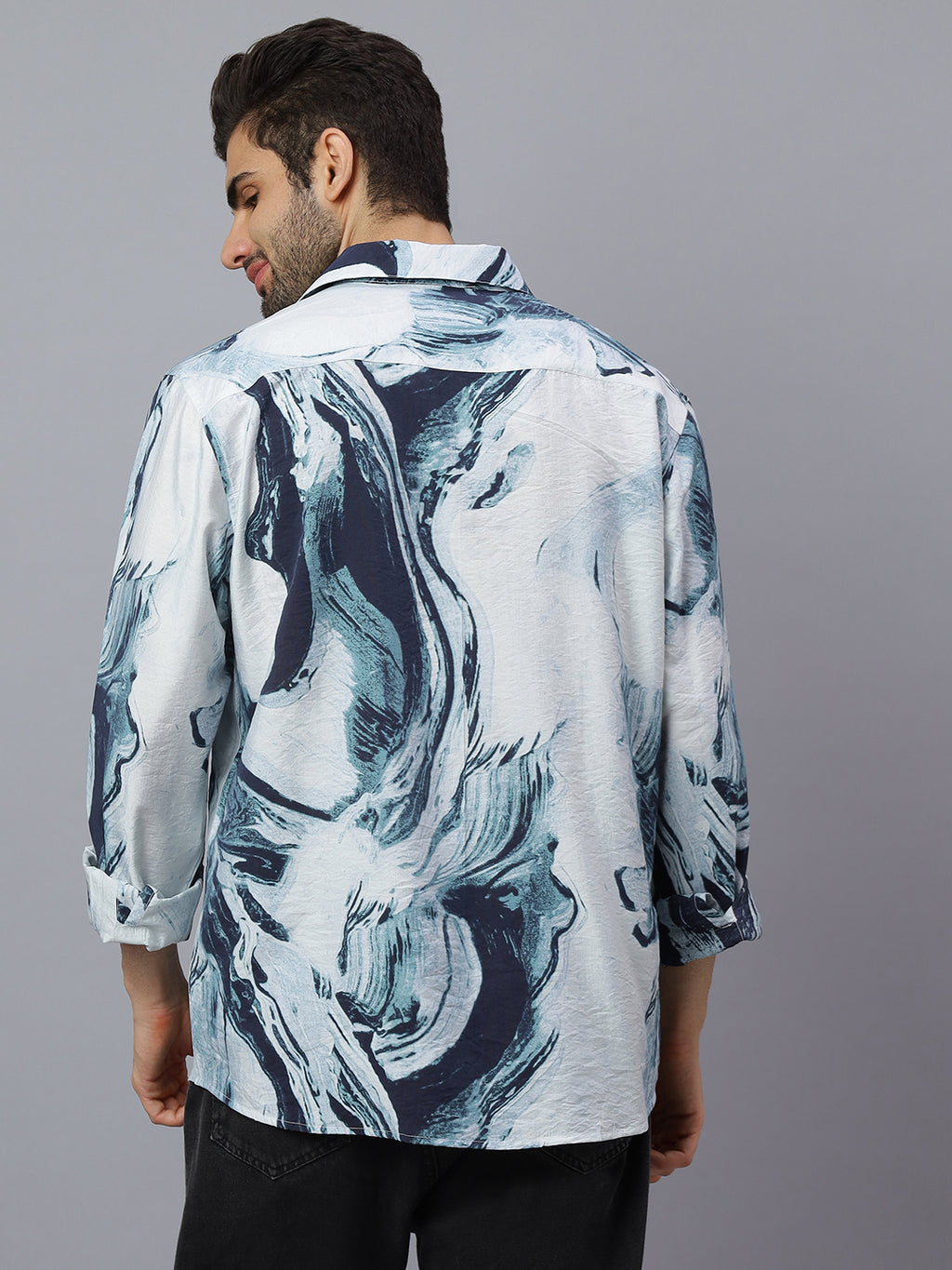 Men Blue White Printed Viscose Polymide Long Sleeve Slim Fit Beach Wear Shirt