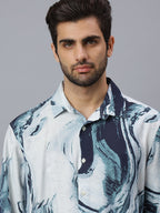 Men Blue White Printed Viscose Polymide Long Sleeve Slim Fit Beach Wear Shirt