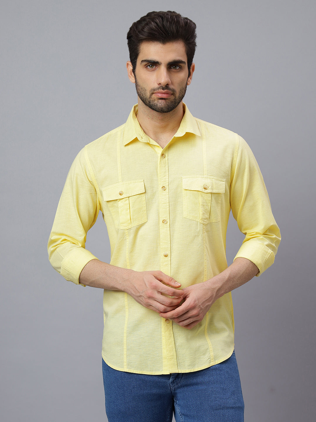 Men Linen Cotton 2 Pocket Flap Yellow Solid, Slim Fit Casual Shirt