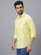 Men Linen Cotton 2 Pocket Flap Yellow Solid, Slim Fit Casual Shirt