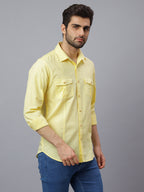 Men Linen Cotton 2 Pocket Flap Yellow Solid, Slim Fit Casual Shirt