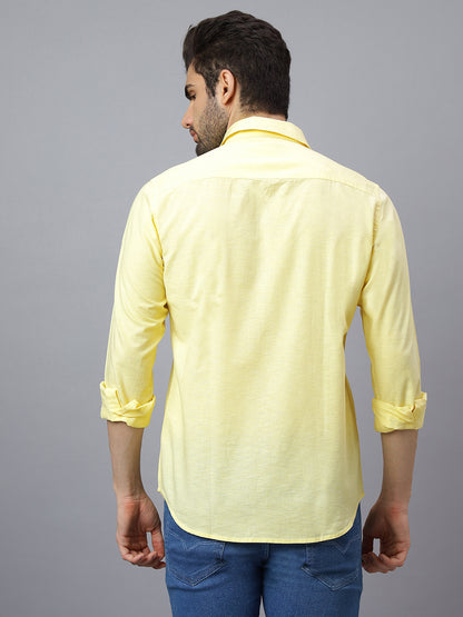 Men Linen Cotton 2 Pocket Flap Yellow Solid, Slim Fit Casual Shirt