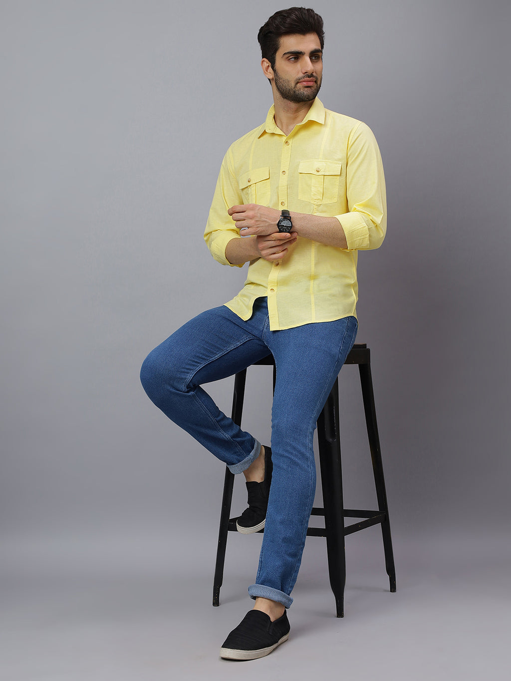Men Linen Cotton 2 Pocket Flap Yellow Solid, Slim Fit Casual Shirt