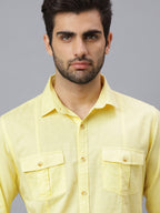 Men Linen Cotton 2 Pocket Flap Yellow Solid, Slim Fit Casual Shirt