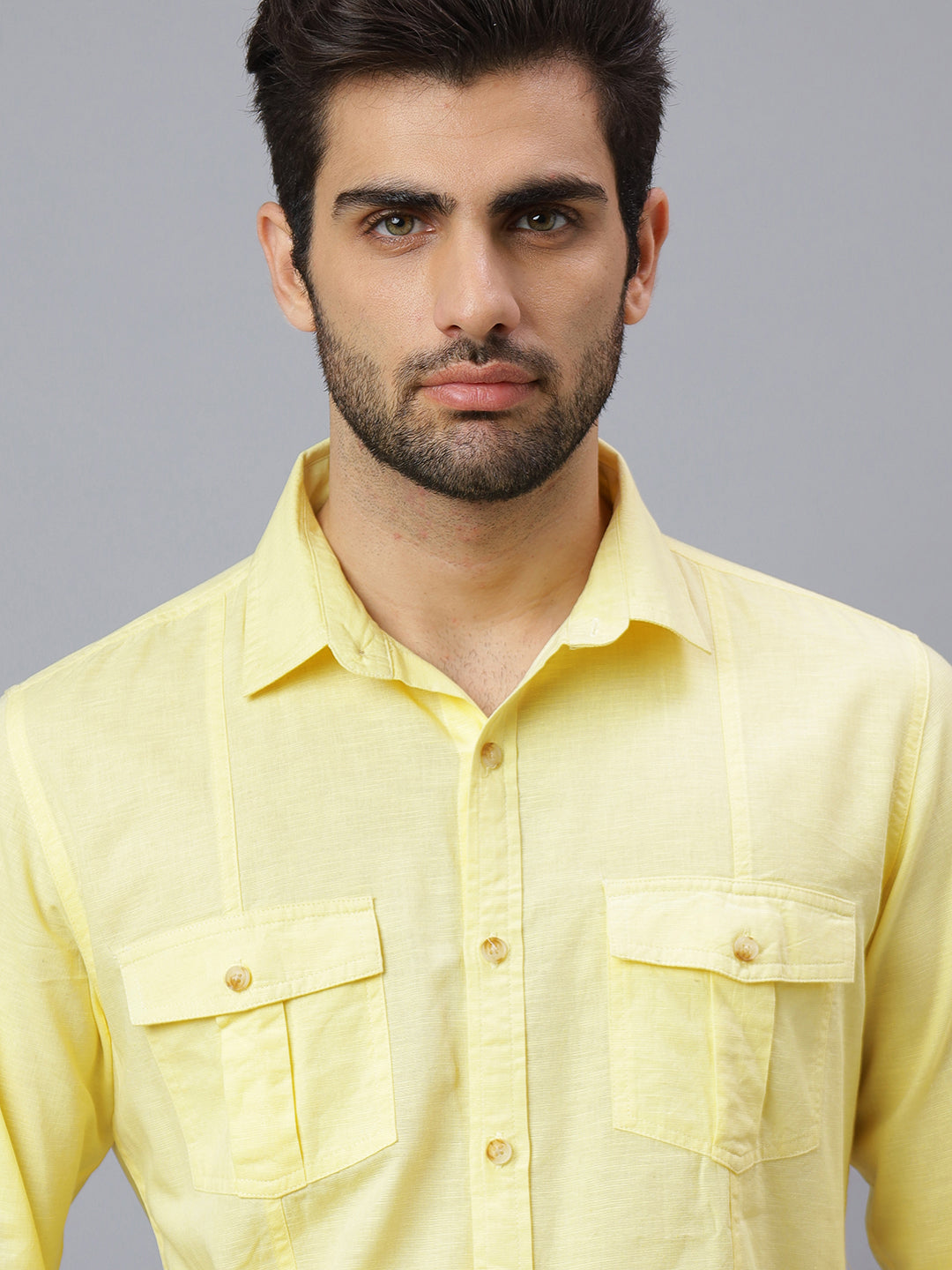 Men Linen Cotton 2 Pocket Flap Yellow Solid, Slim Fit Casual Shirt