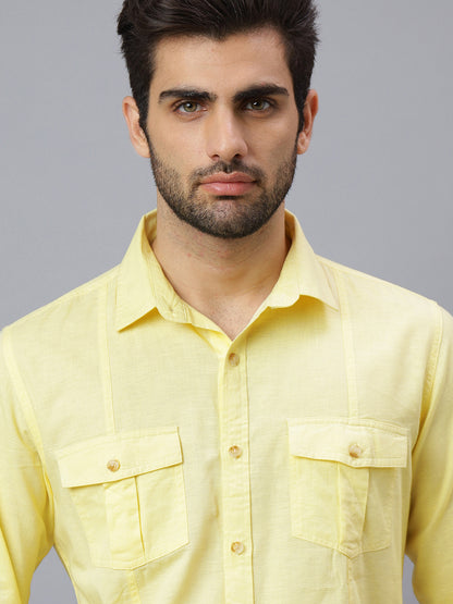 Men Linen Cotton 2 Pocket Flap Yellow Solid, Slim Fit Casual Shirt