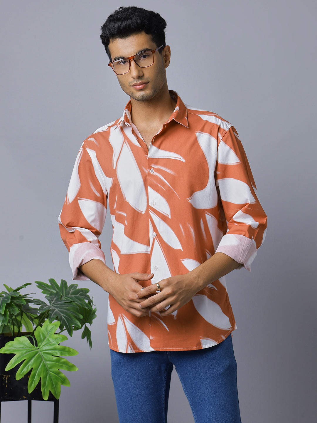 Men Orange White Printed Pure Cotton Long Sleeve Slim Fit Beach Wear Shirt