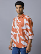 Men Orange White Printed Pure Cotton Long Sleeve Slim Fit Beach Wear Shirt