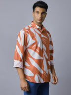 Men Orange White Printed Pure Cotton Long Sleeve Slim Fit Beach Wear Shirt
