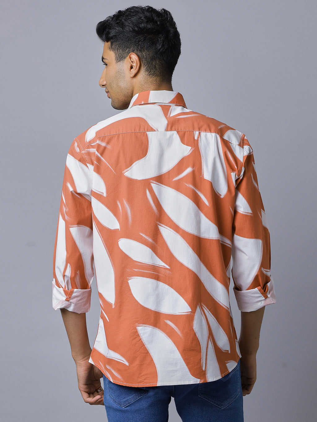 Men Orange White Printed Pure Cotton Long Sleeve Slim Fit Beach Wear Shirt