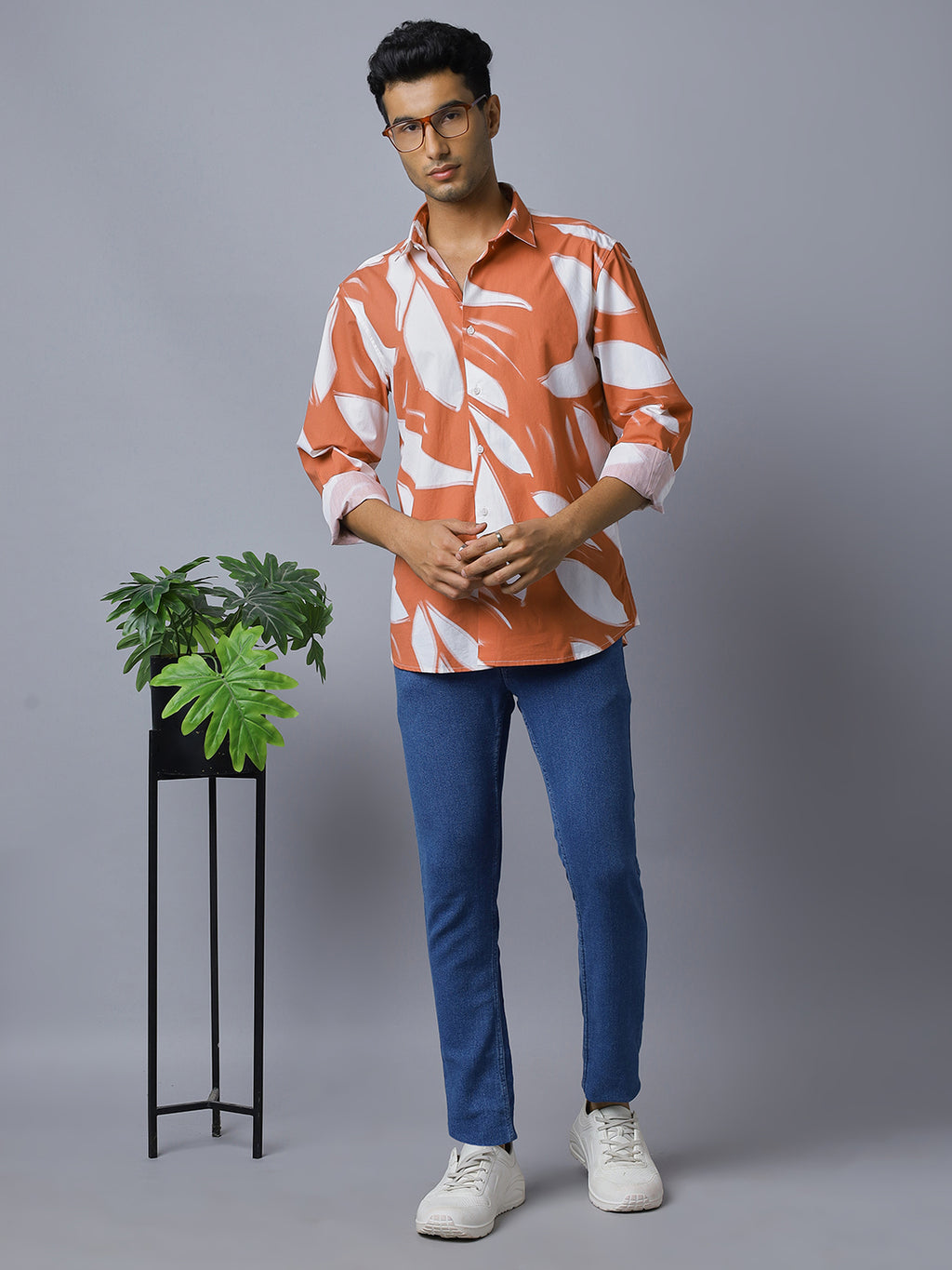 Men Orange White Printed Pure Cotton Long Sleeve Slim Fit Beach Wear Shirt