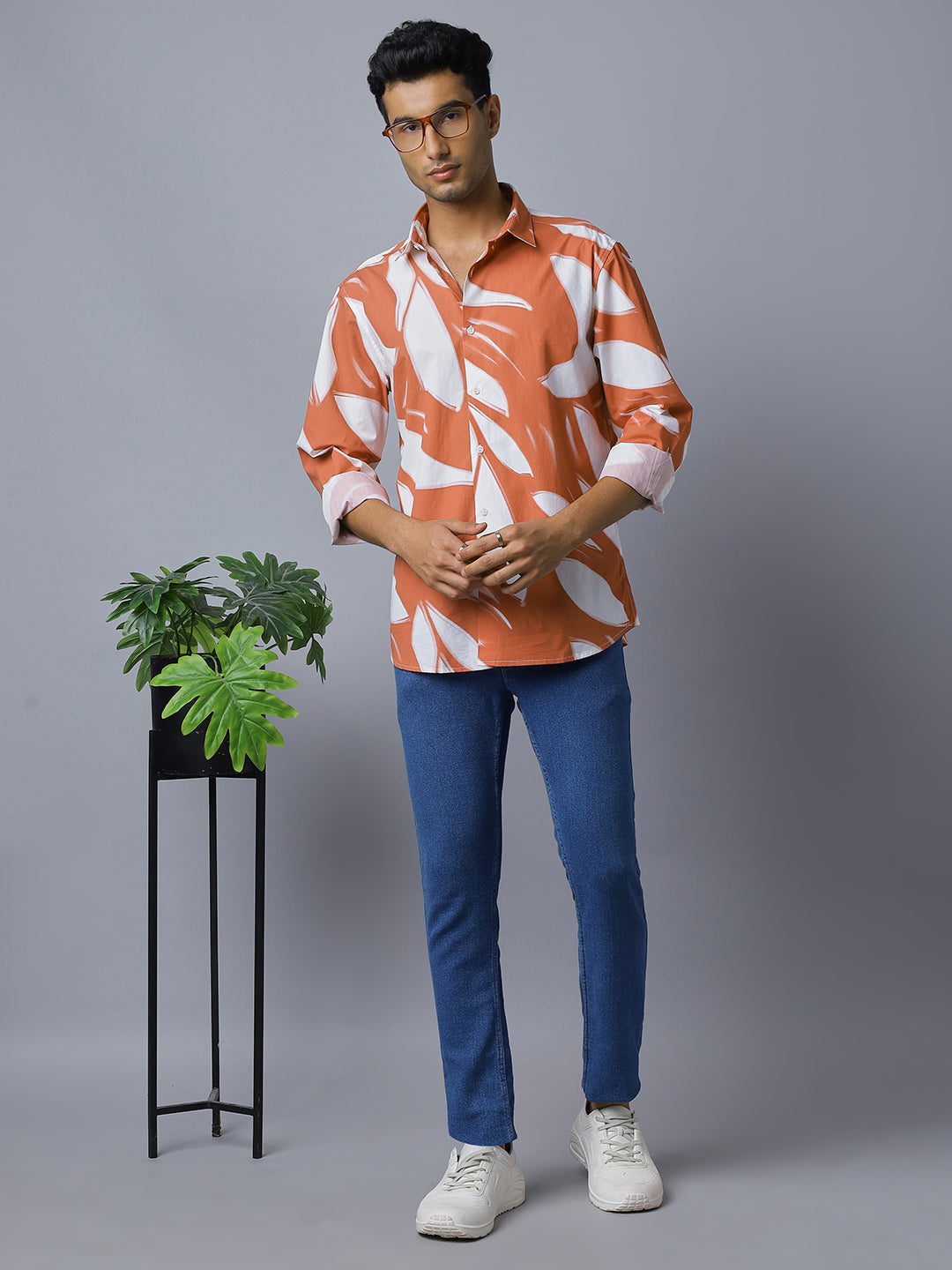 Men Orange White Printed Pure Cotton Long Sleeve Slim Fit Beach Wear Shirt