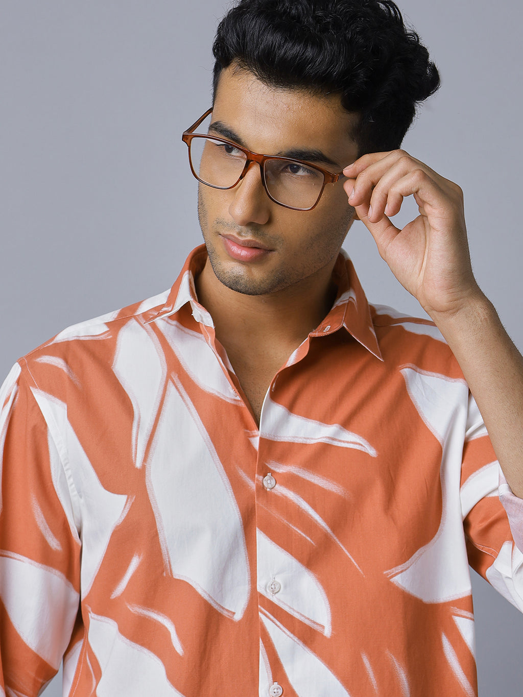 Men Orange White Printed Pure Cotton Long Sleeve Slim Fit Beach Wear Shirt