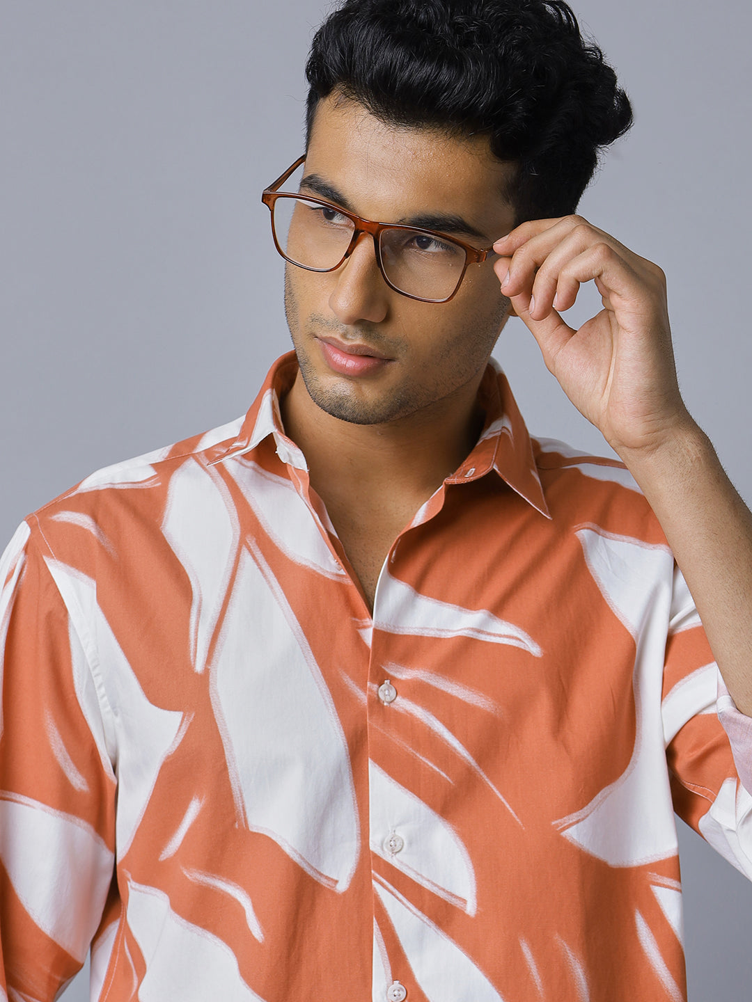 Men Orange White Printed Pure Cotton Long Sleeve Slim Fit Beach Wear Shirt