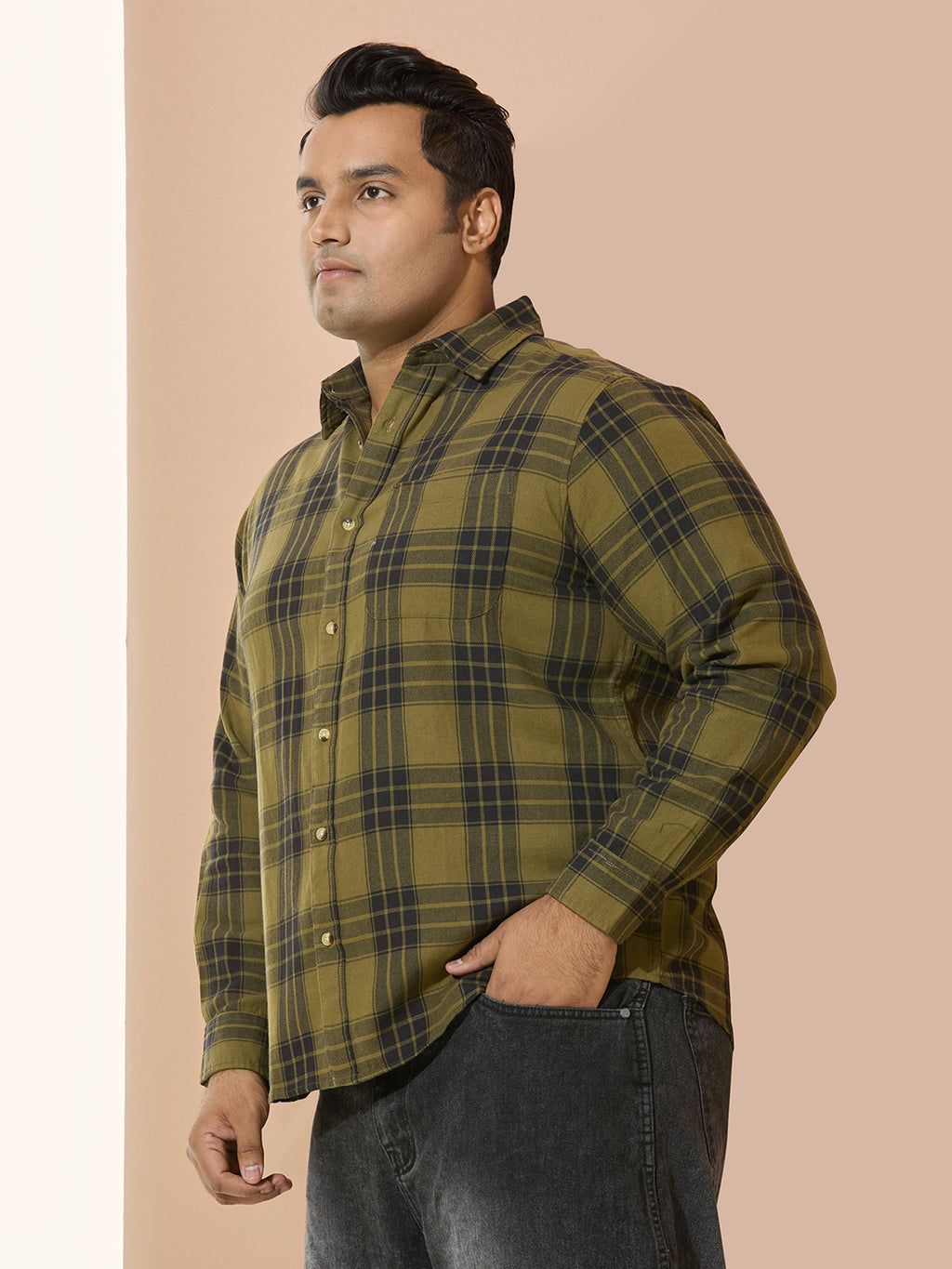 Men Cotton Checks 1 Pocket Regular Fit Smart Casual Shirt - 1228-Olive