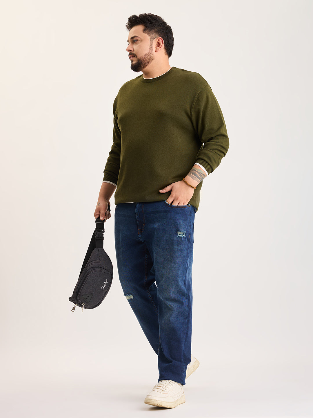Flat Knit Full Sleeve Polo Ribbed T Shirt  - Olive Green - Style 133