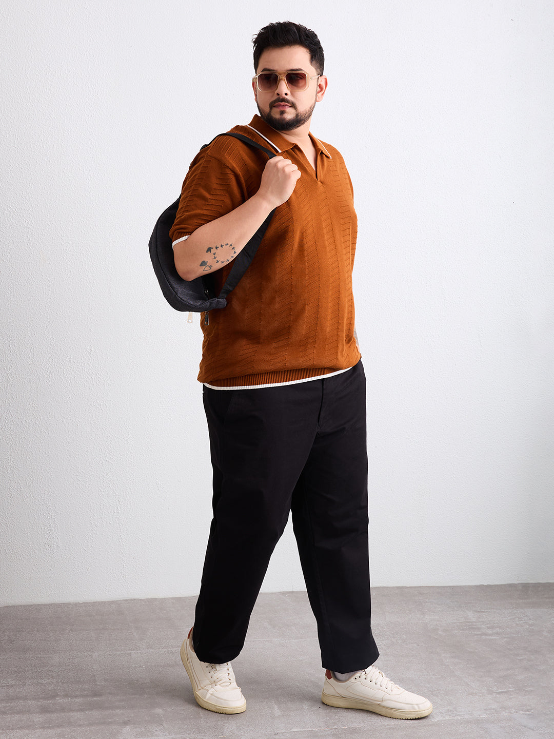 Flat Knit Half Sleeve Polo Ribbed T Shirt  - Rust - Style 138-Rust